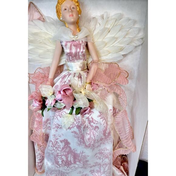Vintage Pink Angel Tree Topper Porcelain Face And Hands With Feather Wings - Picture 4 of 8